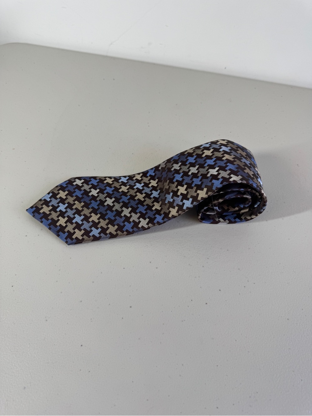 Joseph & Feiss Silk Tie Brown Blue Geometric Print Business Classic Jacquard - Picture 4 of 13